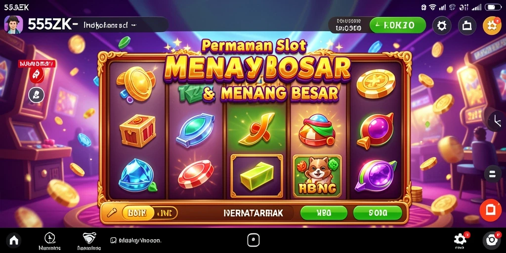Screenshot gameplay 555ZK menampilkan slot yang penuh warna dan fitur menarik.