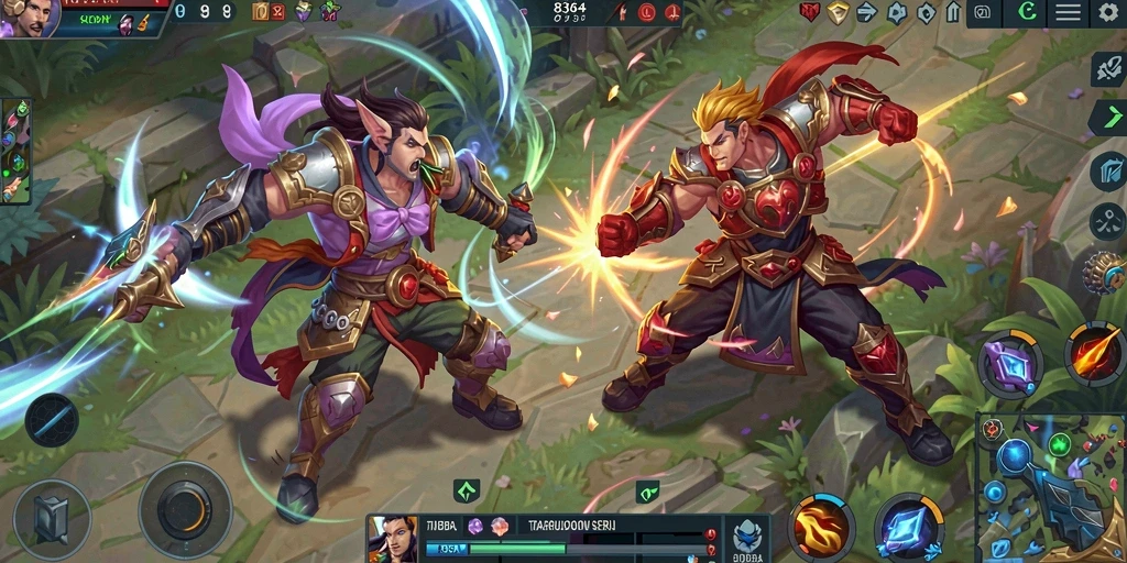 Screenshot gameplay 8364 yang menampilkan pertarungan MOBA seru.
