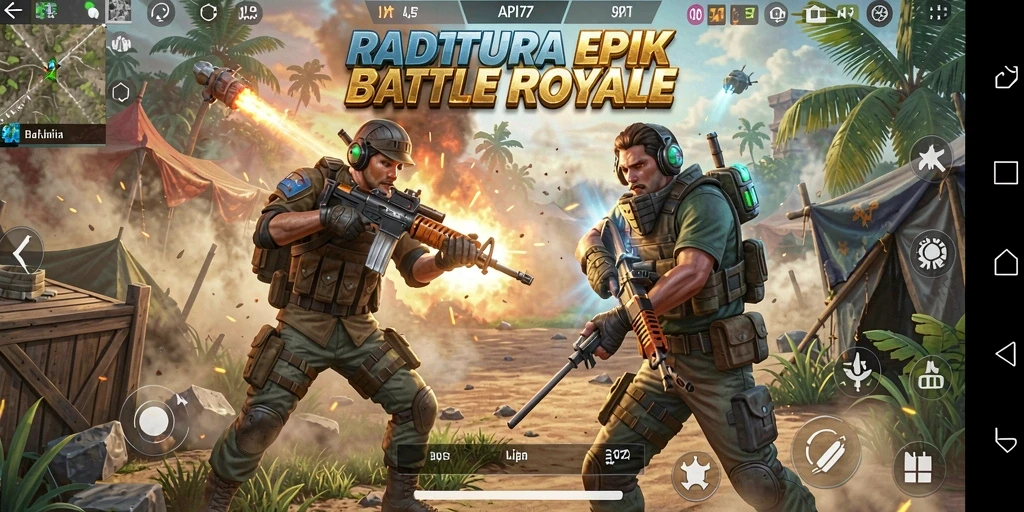Screenshot utama menampilkan aksi seru dari gameplay Battle Royale.