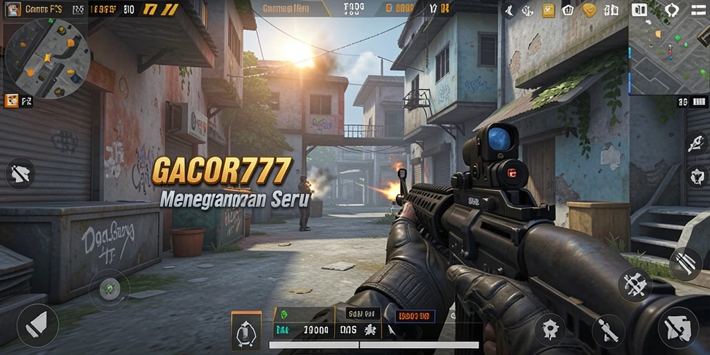 Screenshot utama GACOR777 menampilkan aksi tembak-menembak yang seru.