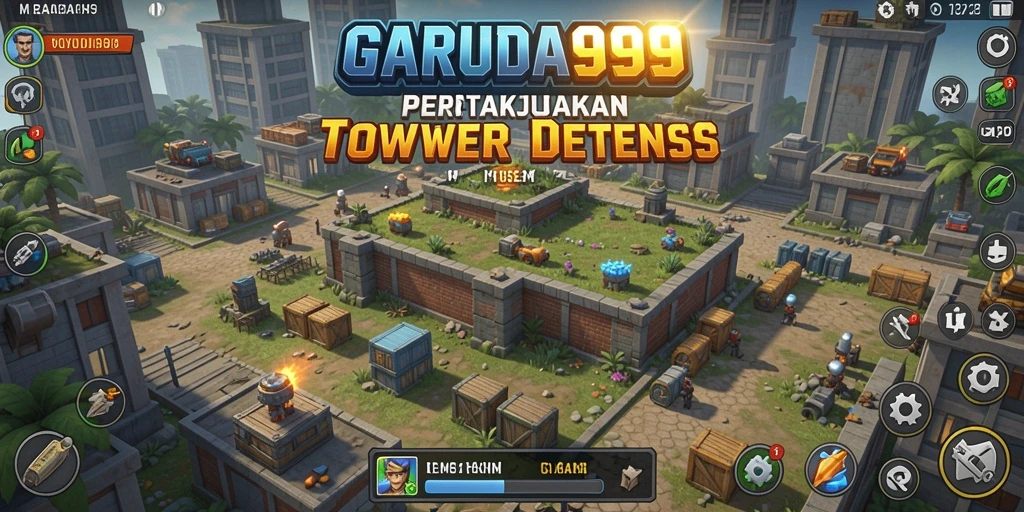Screenshot dari gameplay menegangkan GARUDA999 yang menunjukkan pertarungan Tower Defense.