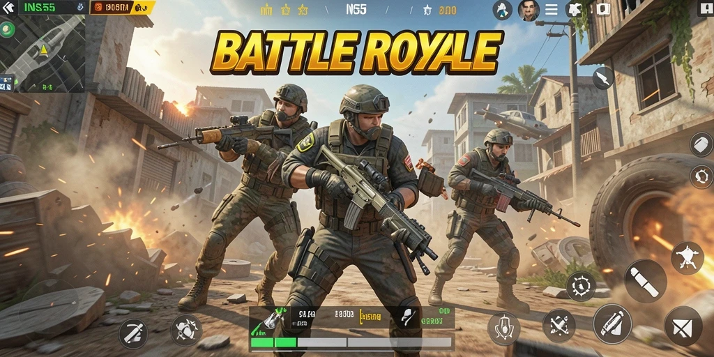 Screenshot gameplay INS55 menampilkan aksi intens di arena Battle Royale.