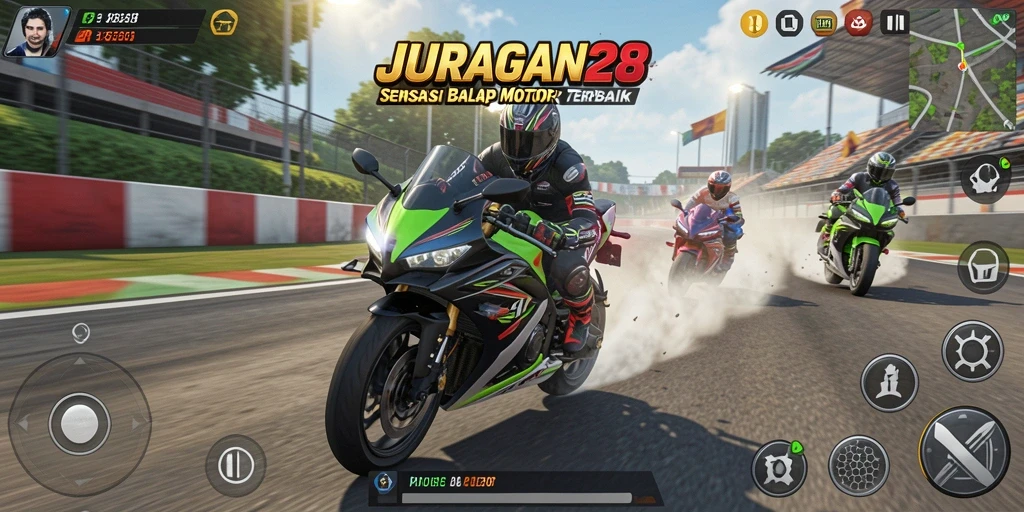 Screenshot gameplay JURAGAN28 yang menampilkan balapan motor penuh aksi.