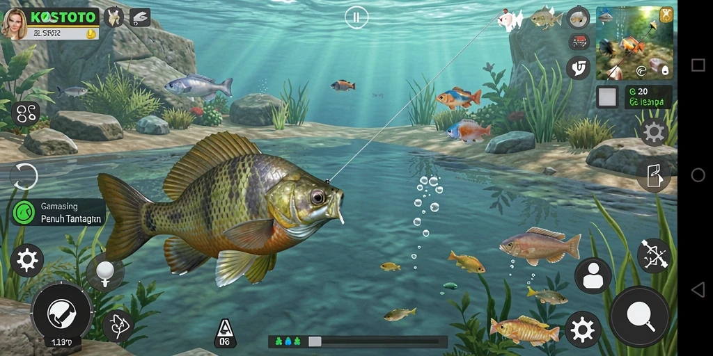 Tampilan gameplay KOSTOTO yang menarik saat menangkap ikan.