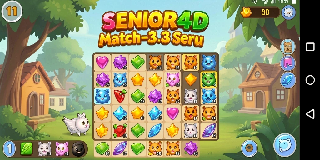 Screenshot gameplay SENIOR4D menunjukkan suasana permainan yang ceria dan penuh warna.