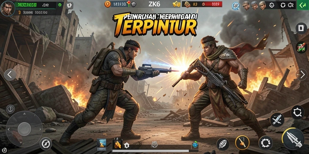 Screenshot menampilkan aksi seru dalam game ZK6 di medan tempur.